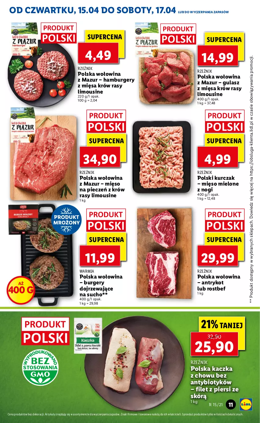 Gazetka promocyjna Lidl - GAZETKA - ważna 15.04 do 17.04.2021 - strona 11 - produkty: Burger, Hamburger, Kaczka, Kurczak, Mięso, Mięso mielone, Piec, Rostbef, Wołowina