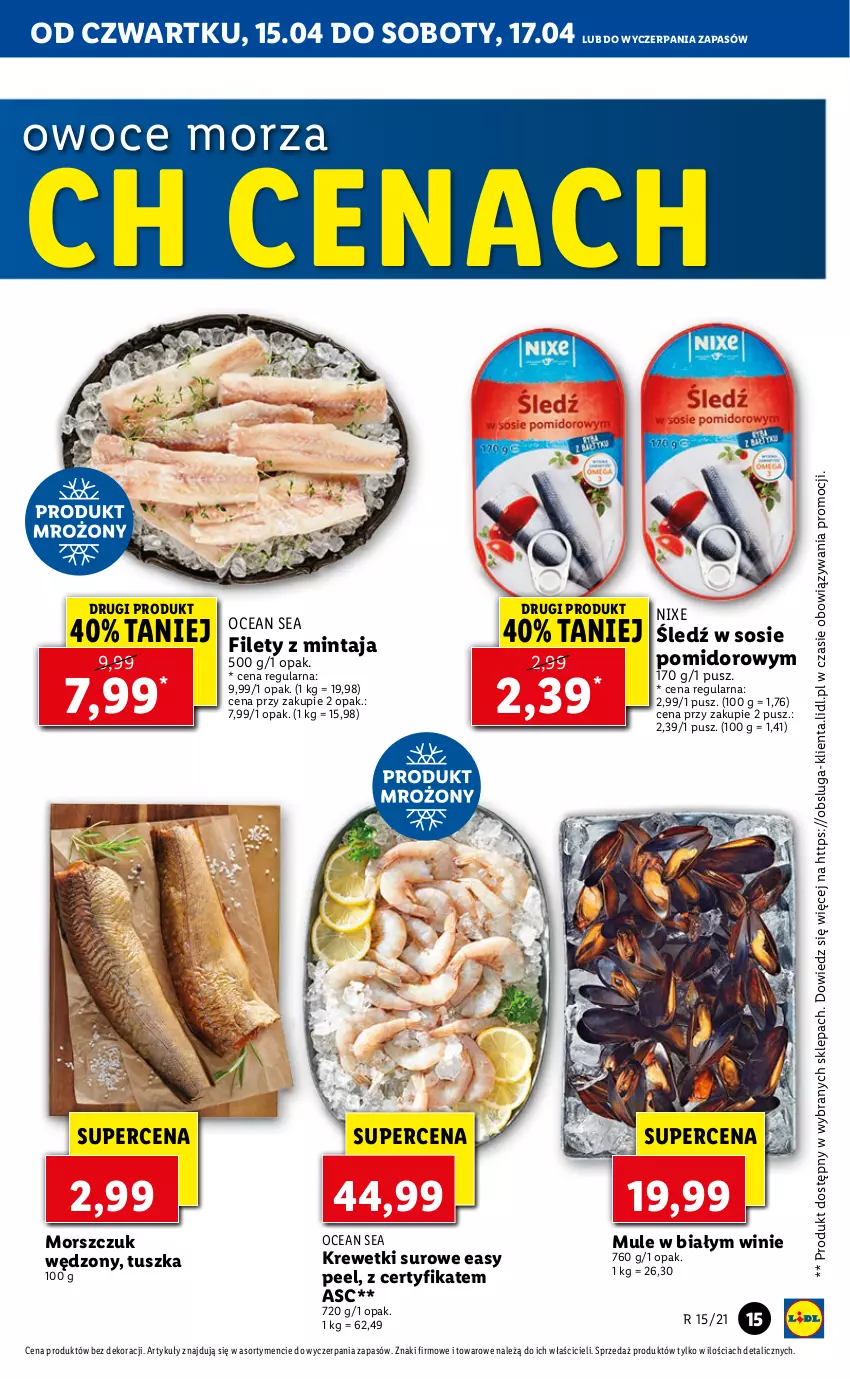 Gazetka promocyjna Lidl - GAZETKA - ważna 15.04 do 17.04.2021 - strona 15 - produkty: Krewetki, Mintaj, Mule, Owoce, Owoce morza, Sos, Tusz