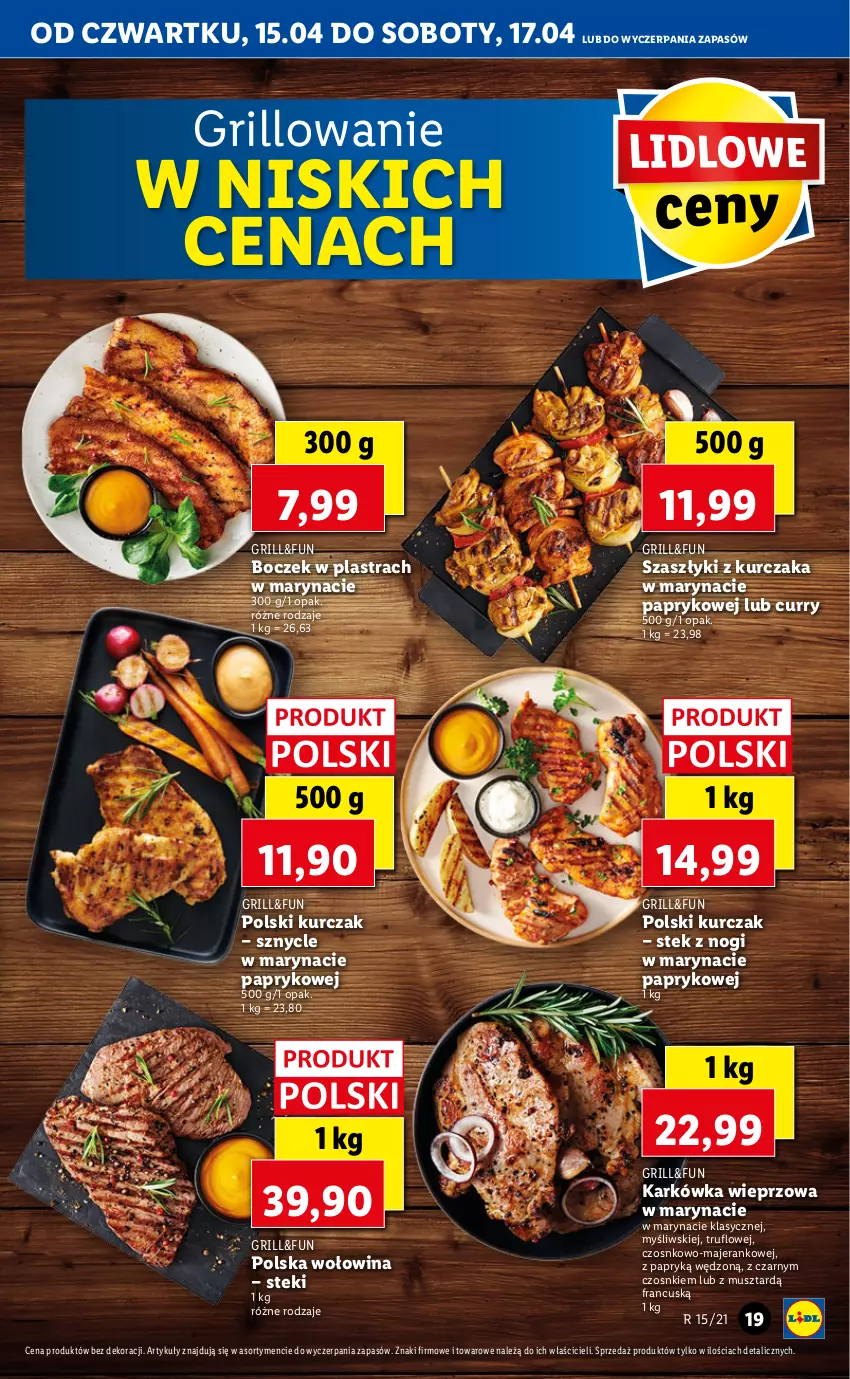 Gazetka promocyjna Lidl - GAZETKA - ważna 15.04 do 17.04.2021 - strona 19 - produkty: Boczek, Grill, Karkówka wieprzowa, Kurczak, Mus, Stek, Wołowina