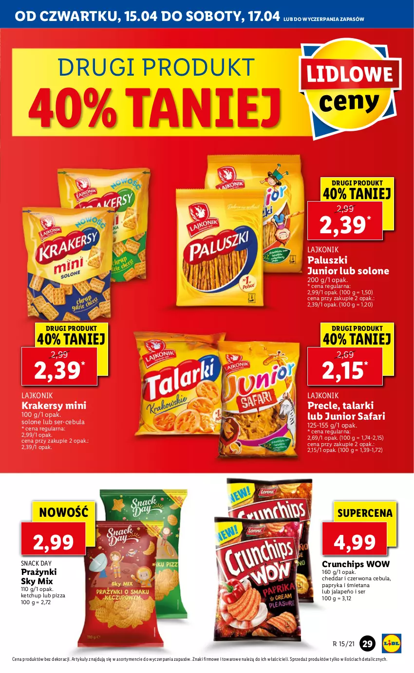 Gazetka promocyjna Lidl - GAZETKA - ważna 15.04 do 17.04.2021 - strona 29 - produkty: Cebula, Cheddar, Crunchips, Fa, Ketchup, Krakersy, Lajkonik, Papryka, Pizza, Precle, Ser