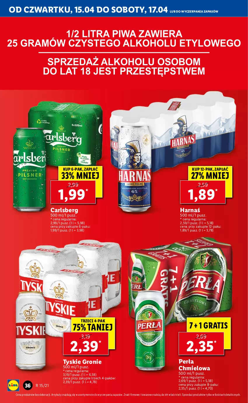 Gazetka promocyjna Lidl - GAZETKA - ważna 15.04 do 17.04.2021 - strona 36 - produkty: Carlsberg, Gra, Harnaś, Perła, Tyskie