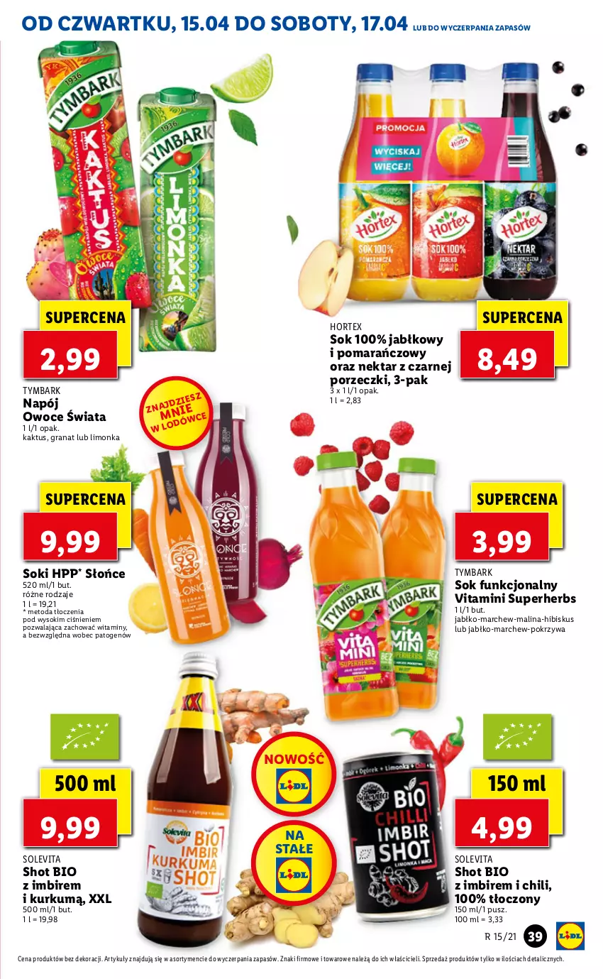 Gazetka promocyjna Lidl - GAZETKA - ważna 15.04 do 17.04.2021 - strona 39 - produkty: Gra, Granat, Hibiskus, Hortex, HP, Imbir, Kaktus, Limonka, Napój, Nektar, Owoce, Por, Sok, Tymbark