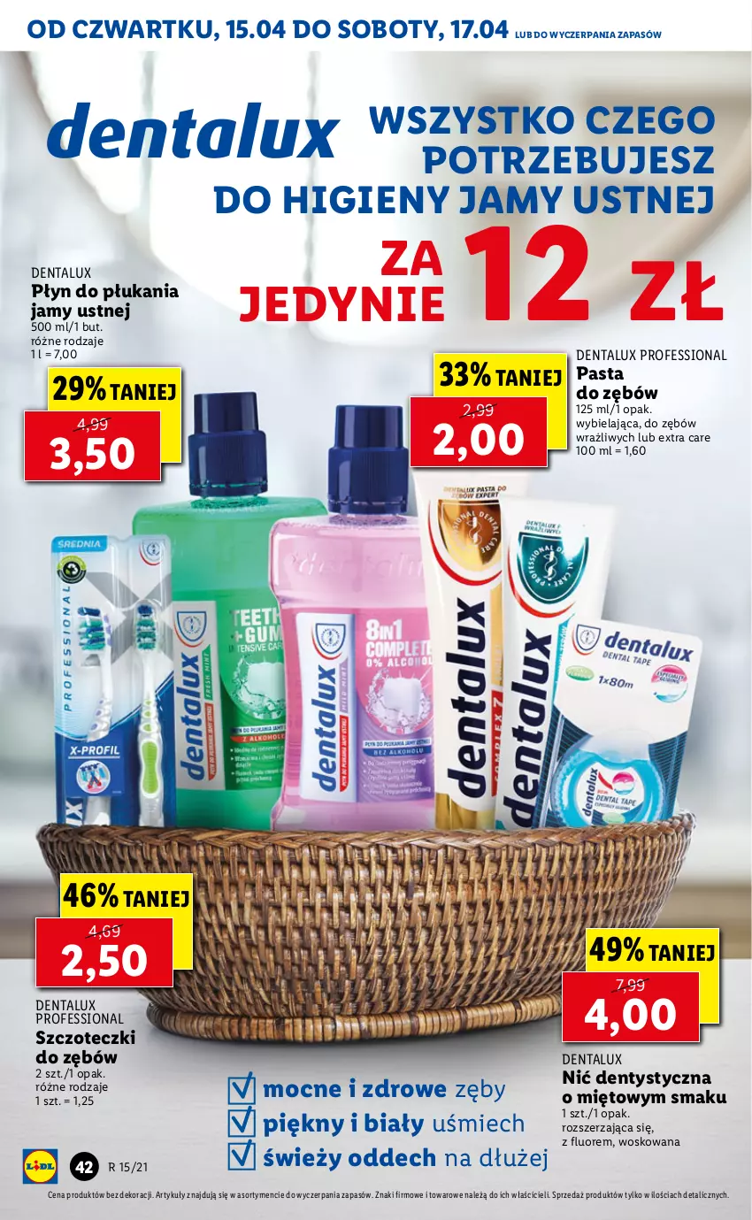 Gazetka promocyjna Lidl - GAZETKA - ważna 15.04 do 17.04.2021 - strona 42 - produkty: Nić dentystyczna, Pasta do zębów, Płyn do płukania, Płyn do płukania jamy ustnej