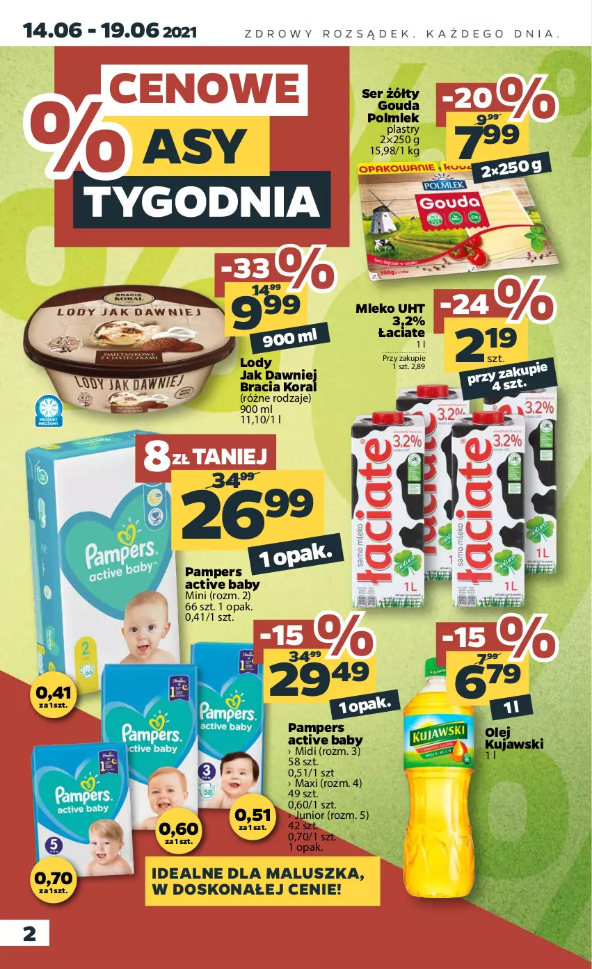 Gazetka promocyjna Netto - Gazetka spożywcza - ważna 14.06 do 19.06.2021 - strona 2 - produkty: Gouda, Kujawski, Lody, Mleko, Olej, Pampers, POLMLEK, Ser