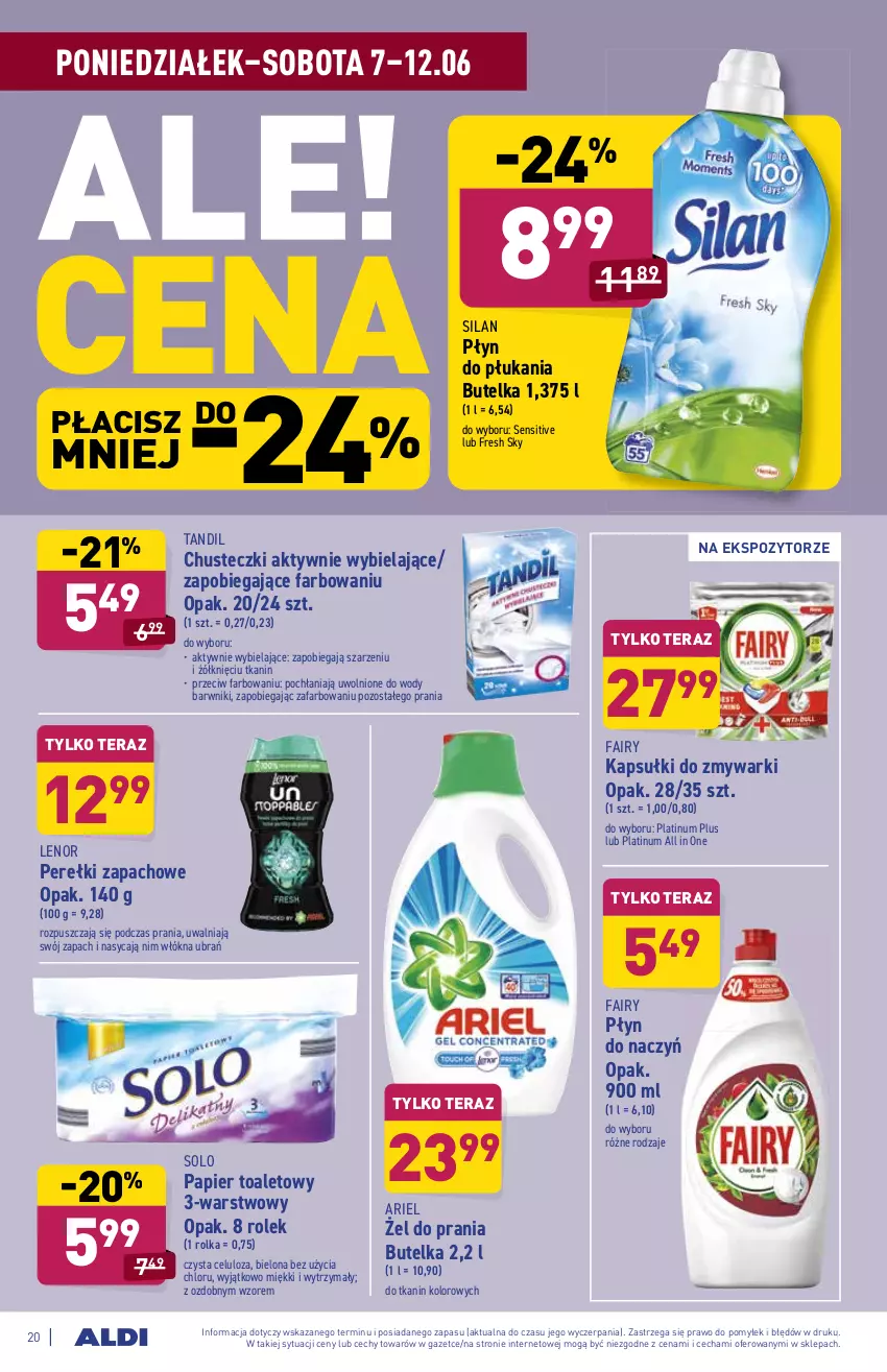 Gazetka promocyjna Aldi - ważna 07.06 do 12.06.2021 - strona 20 - produkty: Ariel, Chusteczki, Fa, Fairy, Lenor, Papier, Papier toaletowy, Perełki zapachowe, Płyn do płukania, Silan, Tera, Zmywarki