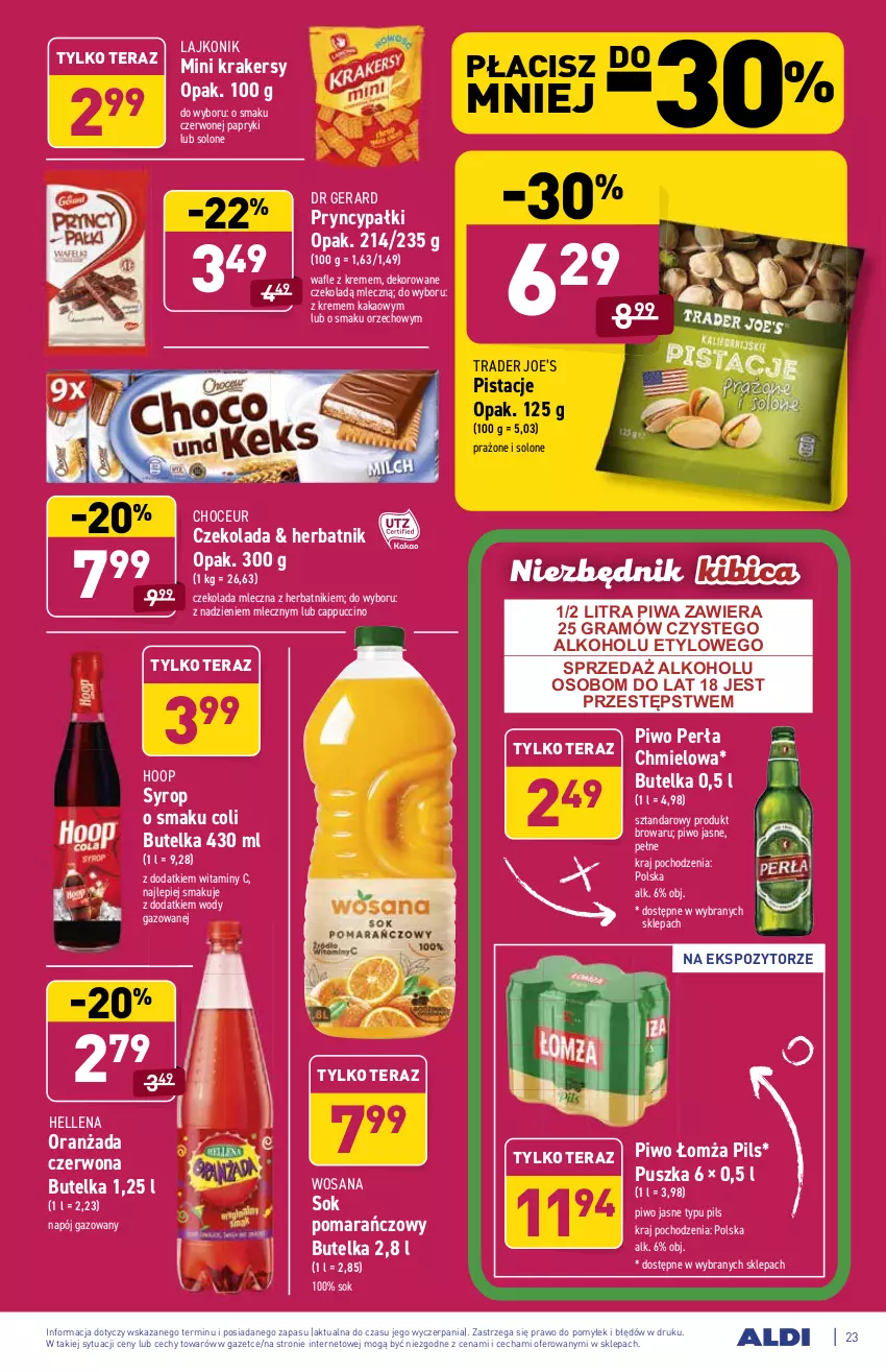 Gazetka promocyjna Aldi - ważna 07.06 do 12.06.2021 - strona 23 - produkty: BIC, Cappuccino, Czekolada, Czekolada mleczna, Dr Gerard, Gra, Hellena, Herbatniki, Hoop, Kakao, Krakersy, Lajkonik, Napój, Napój gazowany, Oranżada, Perła, Pistacje, Piwa, Piwo, Piwo jasne, Sok, Sok pomarańczowy, Syrop, Tera, Wafle, Wosana