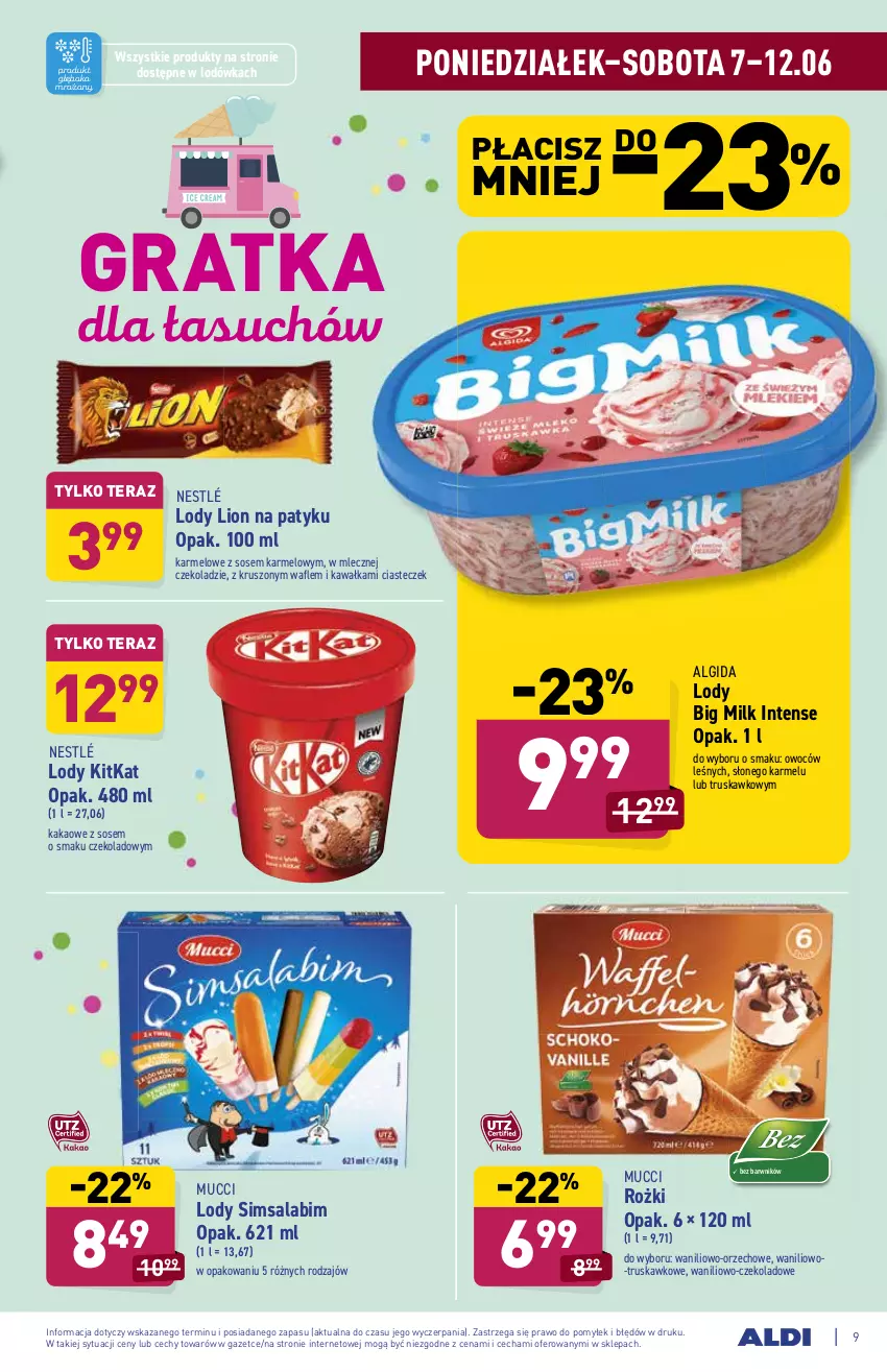 Gazetka promocyjna Aldi - ważna 07.06 do 12.06.2021 - strona 9 - produkty: Algida, Big Milk, Gra, Kakao, Kawa, LG, Lion, Lodówka, Lody, Nestlé, Sos, Tera, Wafle