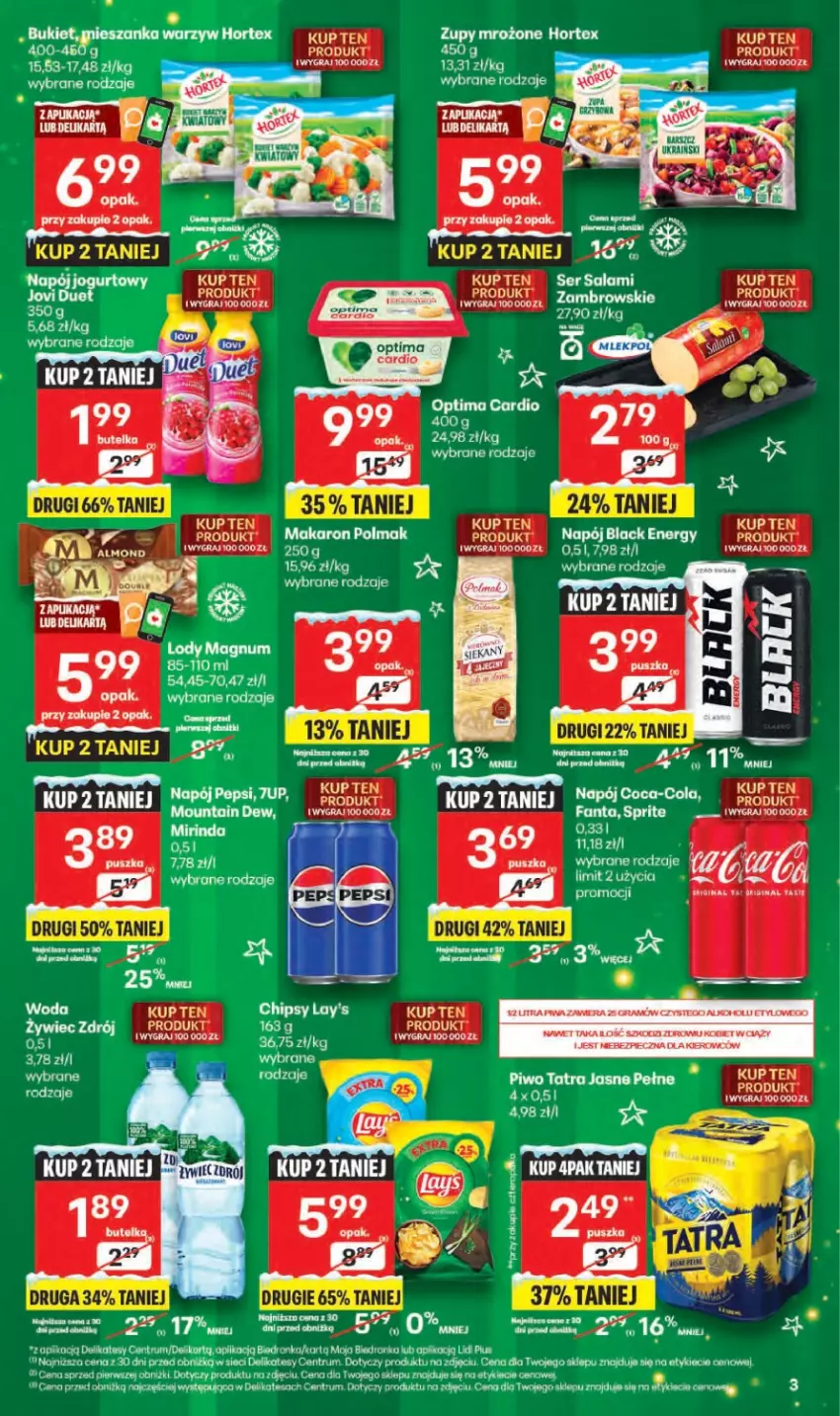 Gazetka promocyjna Delikatesy Centrum - Franczyza DC50 Czwartek - ważna 11.12 do 17.12.2025 - strona 3 - produkty: 7up, Chipsy, Dron, Gin, Gra, Hortex, Jogurt, Kaki, Koc, Lack, Makaron, Mirinda, Napój, Napój jogurtowy, Olma, Optima, Optima Cardio, Pepsi, Piwo, Rum, Salami, Ser, Ser salami, Tatra