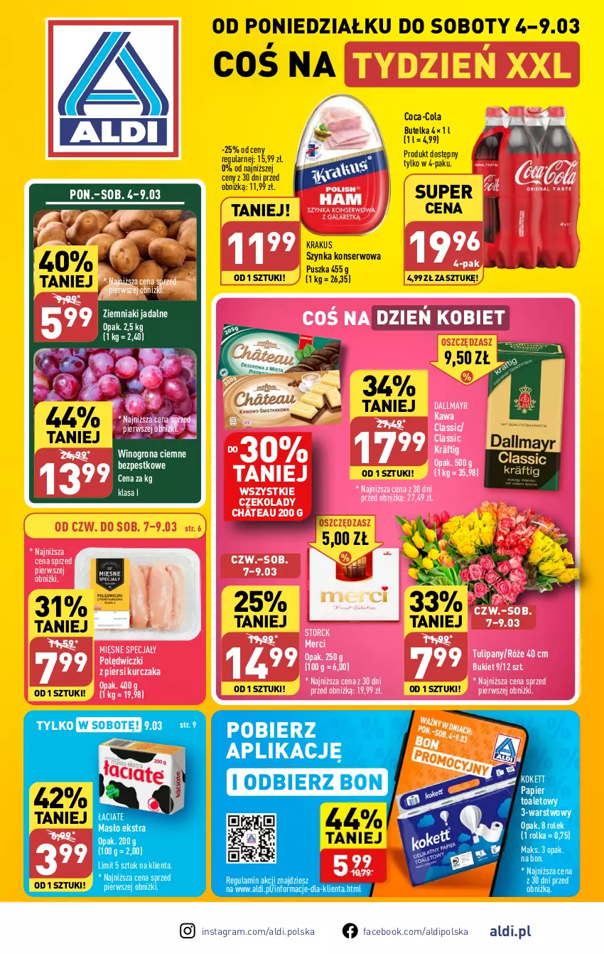 Gazetka promocyjna Aldi - Pełna oferta - ważna 04.03 do 09.03.2024 - strona 1 - produkty: Bukiet, Coca-Cola, Dallmayr, Fa, Gra, Kawa, Krakus, Kurczak, Masło, Merci, Mięsne specjały, Papier, Papier toaletowy, Ser, Szynka, Szynka konserwowa, Tulipan, Wino, Winogrona, Ziemniaki