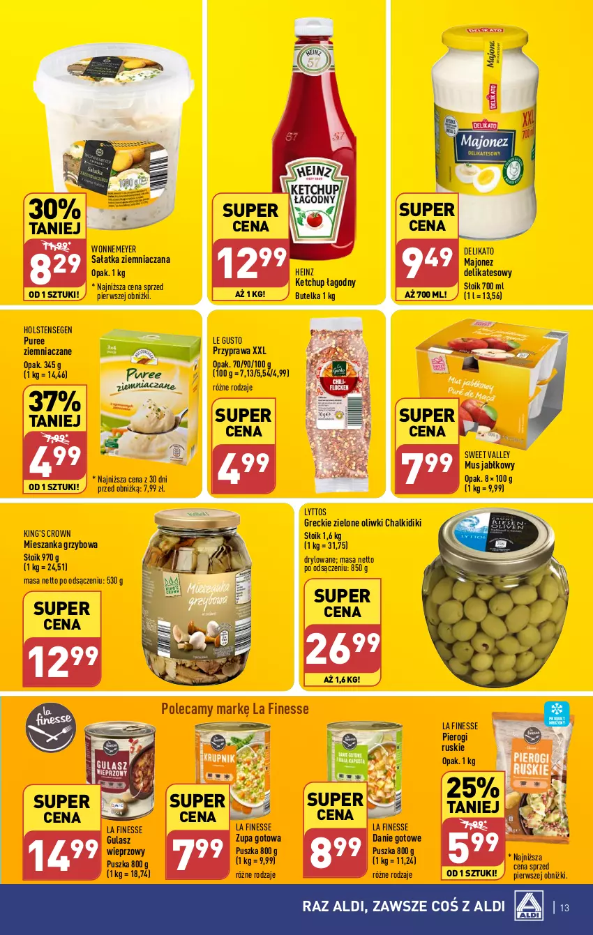 Gazetka promocyjna Aldi - Pełna oferta - ważna 04.03 do 09.03.2024 - strona 13 - produkty: Danie gotowe, Heinz, Ketchup, Majonez, Mus, Oliwki, Pierogi, Pur, Sałat, Sałatka, Zupa