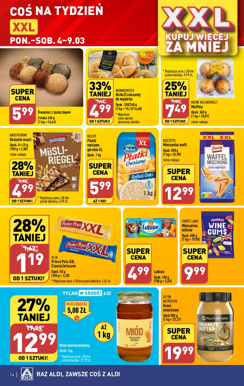 Gazetka promocyjna Aldi - Pełna oferta - ważna 04.03 do 09.03.2024 - strona 14 - produkty: Baton, Croissant, Krem orzechowy, Lubisie, Melvit, Miód, Muffiny, Mus, Płatki owsiane, Prince Polo, Tonik