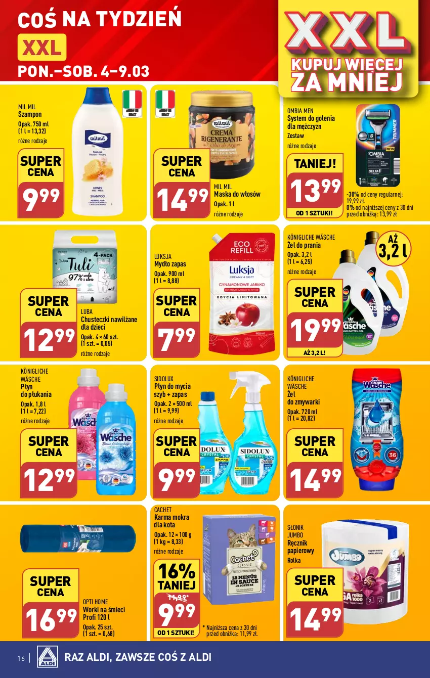 Gazetka promocyjna Aldi - Pełna oferta - ważna 04.03 do 09.03.2024 - strona 16 - produkty: Chusteczki, Dzieci, König, Luksja, Maska, Maska do włosów, Mydło, Papier, Płyn do mycia, Płyn do płukania, Ręcznik, Sidolux, Szampon, Worki na śmiec, Worki na śmieci, Zmywarki