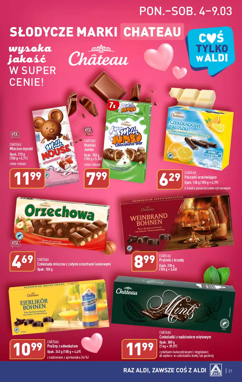 Gazetka promocyjna Aldi - Pełna oferta - ważna 04.03 do 09.03.2024 - strona 21 - produkty: Brandy, Czekolada, Czekolada mleczna, Mysz, Praliny, Sok