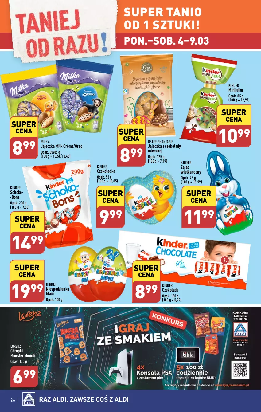 Gazetka promocyjna Aldi - Pełna oferta - ważna 04.03 do 09.03.2024 - strona 26 - produkty: Chrupki, Czekolada, Kinder, Lorenz, Milka, Monster Munch, Oreo