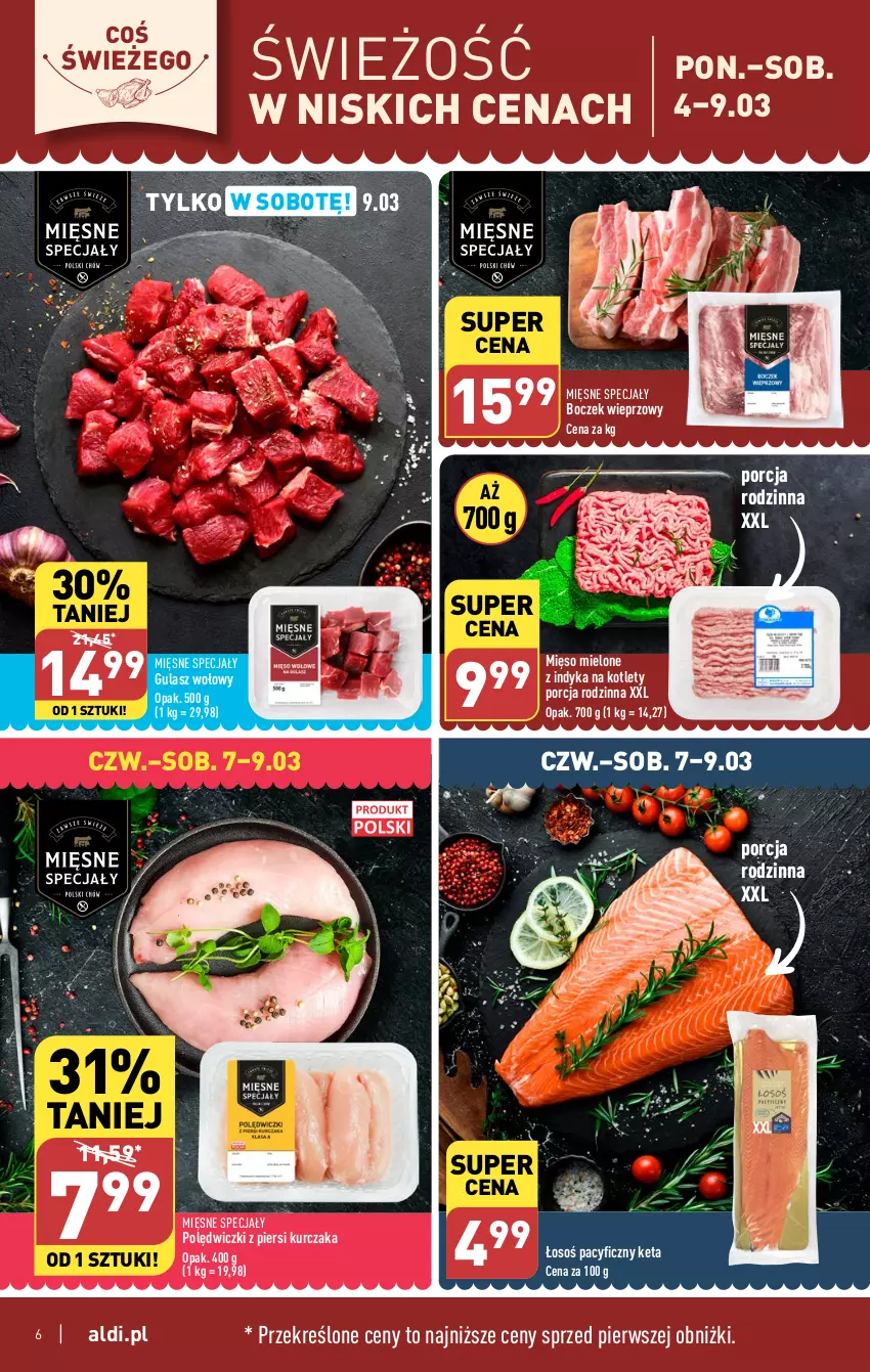 Gazetka promocyjna Aldi - Pełna oferta - ważna 04.03 do 09.03.2024 - strona 6 - produkty: Boczek, Boczek wieprzowy, Gulasz wołowy, Kotlet, Kurczak, Mięsne specjały, Mięso, Mięso mielone, Por