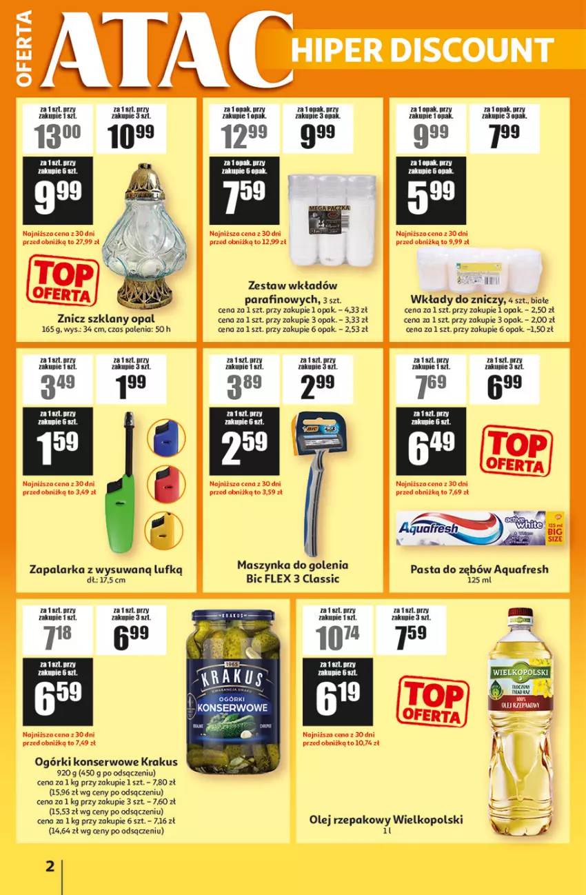 Gazetka promocyjna Auchan - Gazetka ATAC Hiper Discount - ważna 02.10 do 22.10.2025 - strona 2 - produkty: Aquafresh, BIC, Krakus, Maszynka, Maszynka do golenia, Ogórki konserwowe, Olej, Olej rzepakowy, Pasta do zębów, Ser, Szynka, Zapalarka, Znicz