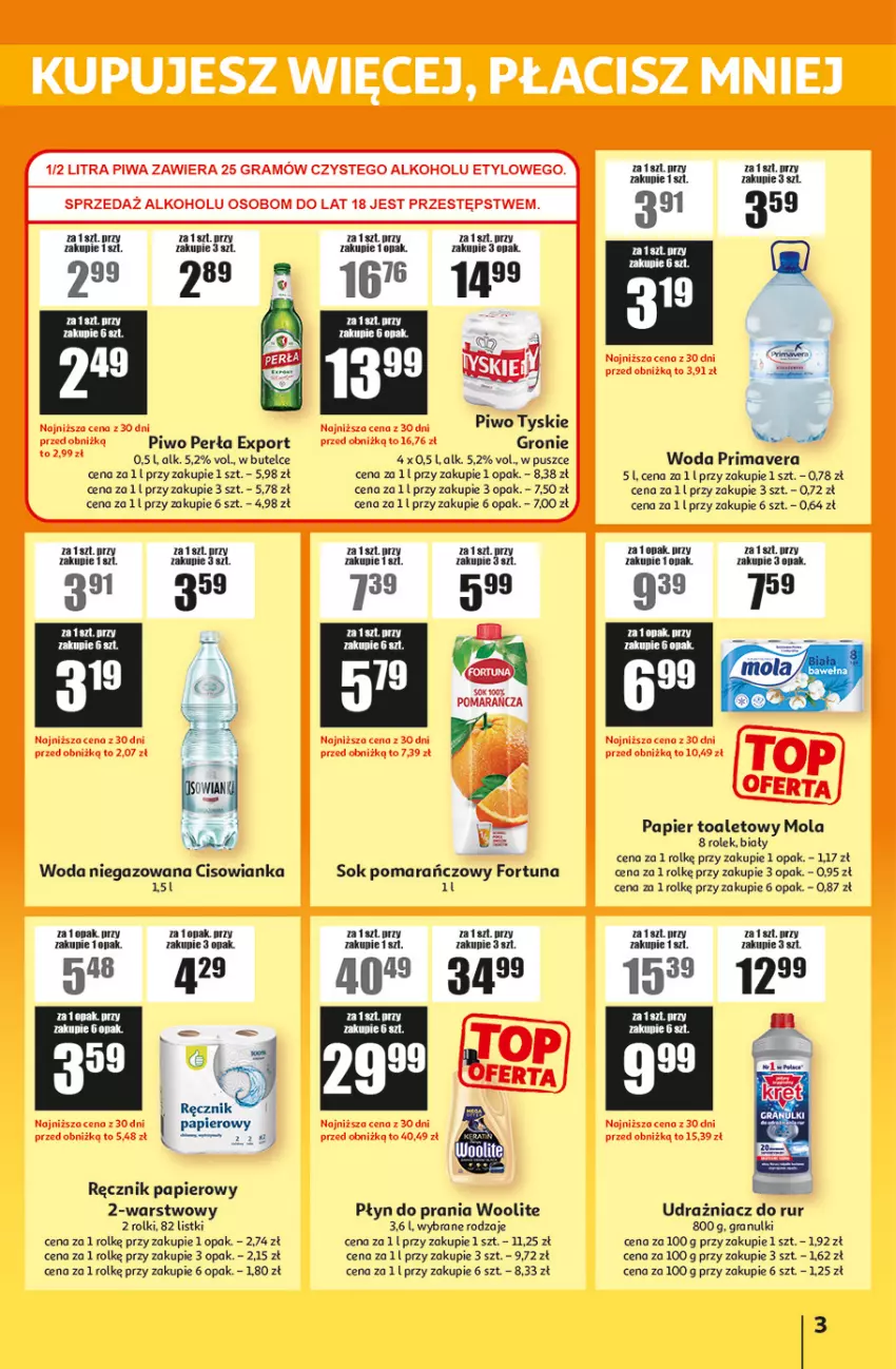 Gazetka promocyjna Auchan - Gazetka ATAC Hiper Discount - ważna 02.10 do 22.10.2025 - strona 3 - produkty: Cisowianka, Fortuna, Gra, Mola, Papier, Papier toaletowy, Perła, Piwo, Płyn do prania, Por, Prima, Primavera, Ręcznik, Rolki, Sok, Sok pomarańczowy, Tyskie, Woda, Woda niegazowana, Woolite