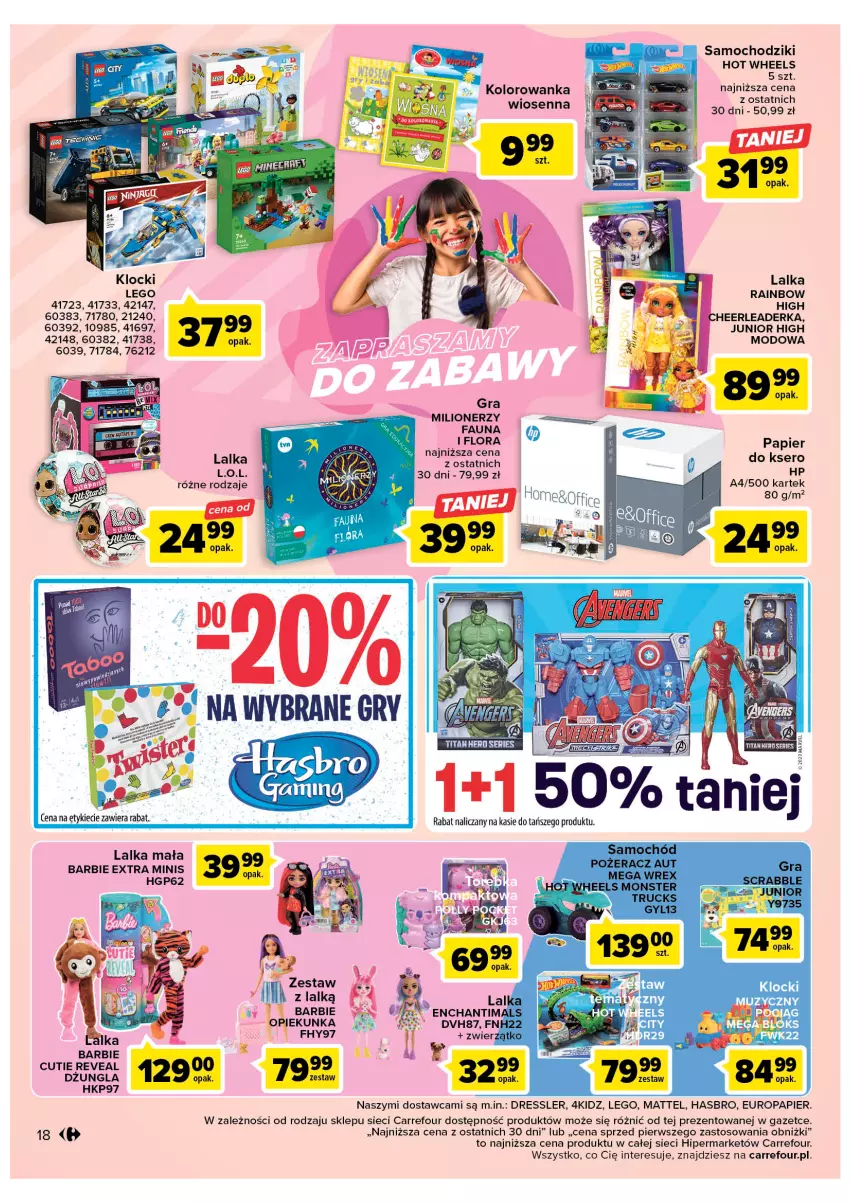 Gazetka promocyjna Carrefour - Gazetka Carrefour - ważna 07.03 do 18.03.2023 - strona 20 - produkty: Barbie, Chodzik, Dres, Enchantimals, Fa, Flora, Gra, Hasbro, Hot Wheels, HP, Kolorowanka, L.O.L., Lalka, LEGO, Lion, Mattel, Milionerzy, Papier, Samochód, Samochodziki, Ser