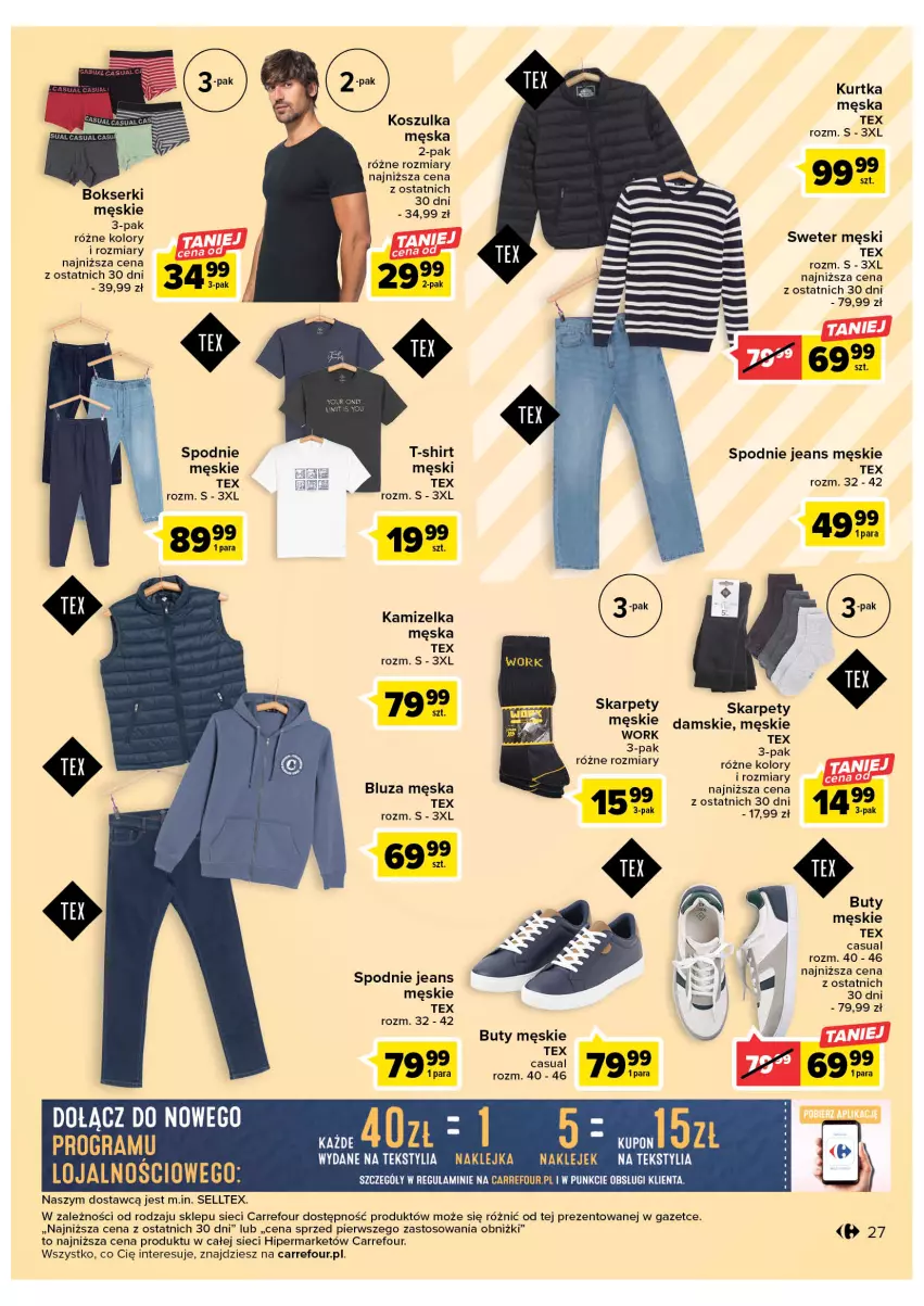 Gazetka promocyjna Carrefour - Gazetka Carrefour - ważna 07.03 do 18.03.2023 - strona 29 - produkty: Bluza, Bokserki, Buty, Gra, Kamizelka, Karp, Klej, Kosz, Koszulka, Kurtka, Ser, Spodnie, Spodnie jeans, Sweter, T-shirt