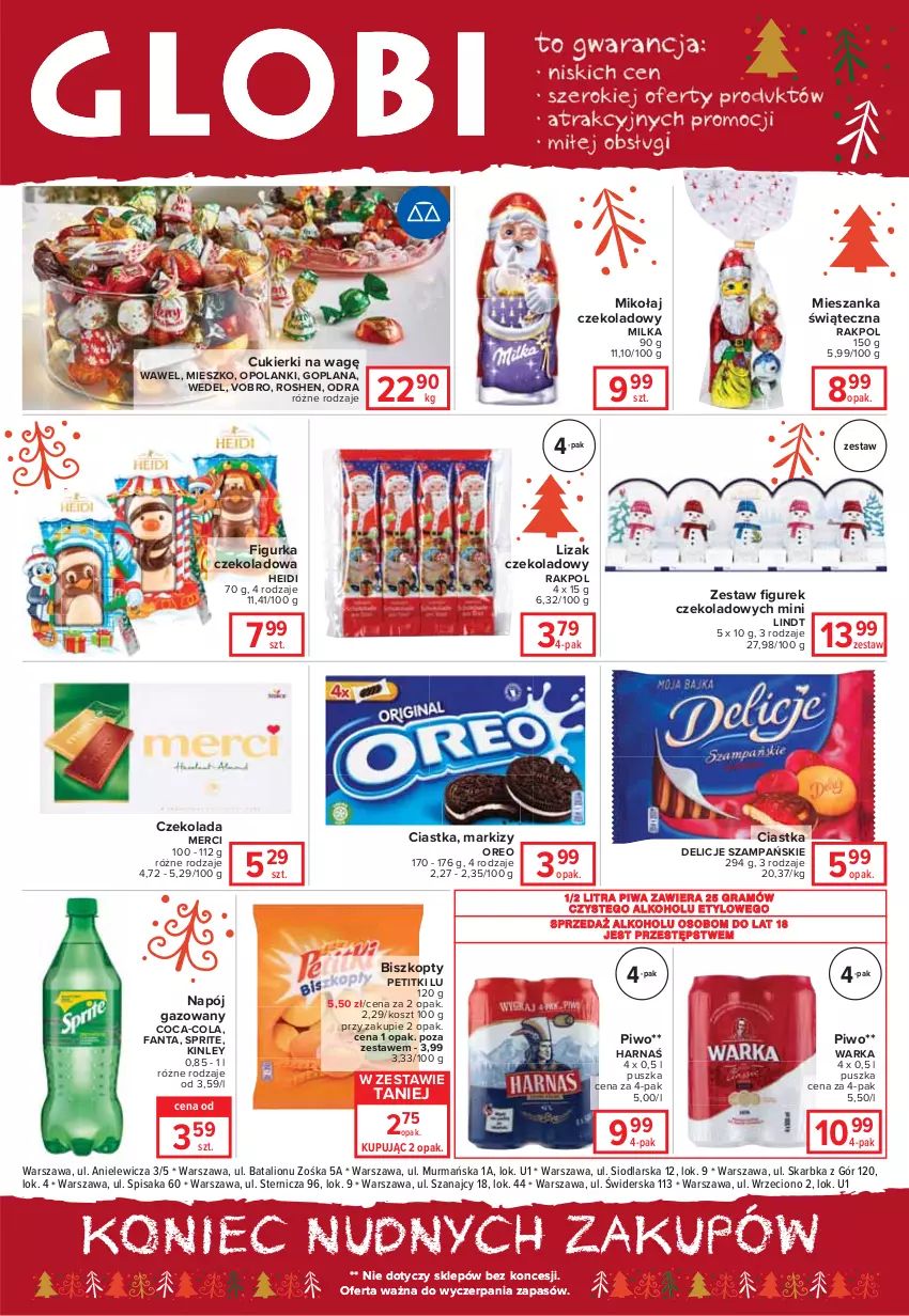 Gazetka promocyjna Carrefour - Gazetka Globi - ważna 21.12 do 24.12.2021 - strona 2 - produkty: Biszkopty, Ciastka, Coca-Cola, Cukier, Cukierki, Czekolada, Delicje, Fa, Fanta, Goplana, Gra, Harnaś, Kosz, LANA, Lanki, Lindt, Lion, Merci, Milka, Napój, Napój gazowany, Oreo, Piwa, Piwo, Sprite, Warka, Wawel