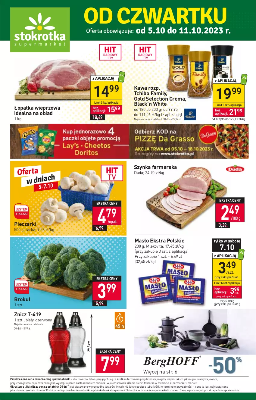 Gazetka promocyjna Stokrotka - Supermarket - ważna 05.10 do 11.10.2023 - strona 1 - produkty: Duda, Fa, Kawa, Lack, Masło, Mięso, Mleko, Mlekovita, Owoce, Piec, Szynka, Szynka farmerska, Tchibo, Tchibo Family, Warzywa, Znicz