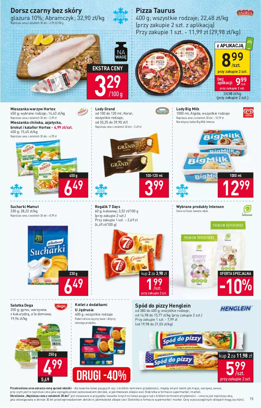 Gazetka promocyjna Stokrotka - Supermarket - ważna 05.10 do 11.10.2023 - strona 17 - produkty: 7 Days, Algida, Big Milk, Dega, Dorsz, Glazura, Gra, Gyros, Hortex, Kakao, Kalafior, Kotlet, Lazur, LG, Lody, Mięso, Mieszanka warzyw, Owoce, Pizza, Rogal, Sałat, Sałatka, Spód do pizzy, Warzywa