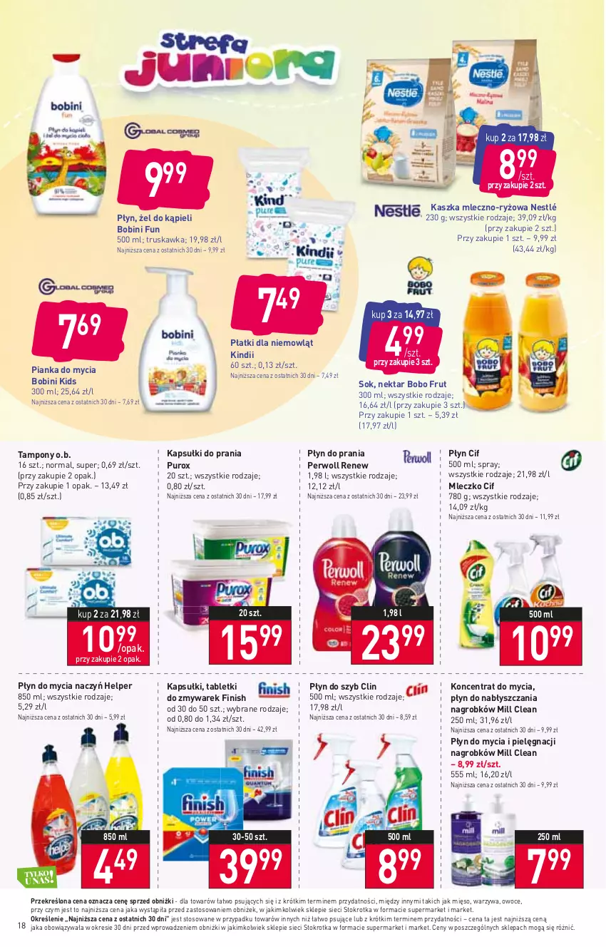 Gazetka promocyjna Stokrotka - Supermarket - ważna 05.10 do 11.10.2023 - strona 20 - produkty: Cif, Clin, Do mycia naczyń, Finish, Kapsułki do prania, Kindii, Mięso, Mleczko, Nektar, Nestlé, O.B., Owoce, Perwoll, Płyn do mycia, Płyn do mycia naczyń, Płyn do prania, Płyn do szyb, Pur, Ryż, Sok, Tablet, Tampony, Warzywa