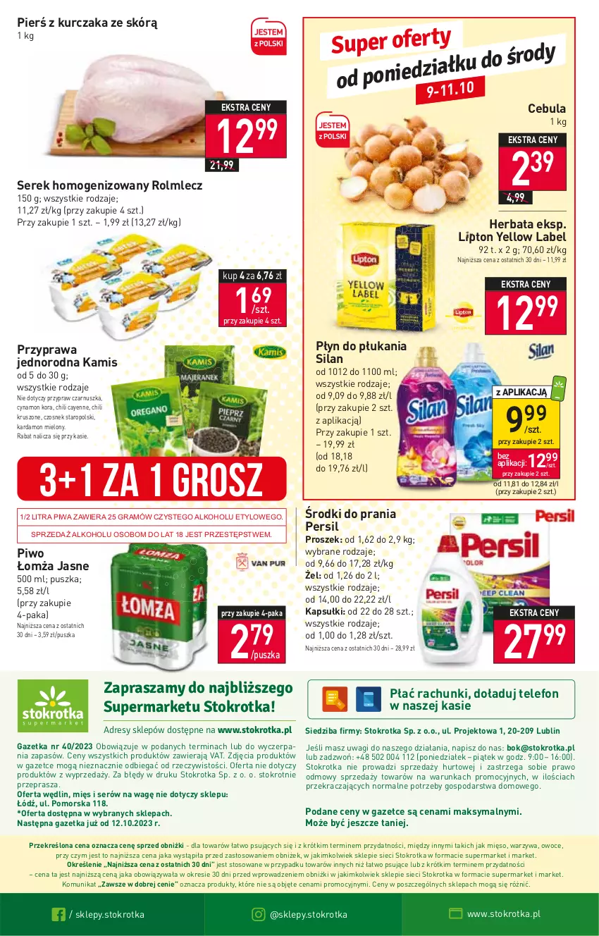 Gazetka promocyjna Stokrotka - Supermarket - ważna 05.10 do 11.10.2023 - strona 22 - produkty: Cebula, Czosnek, Gra, Herbata, Kamis, Kurczak, Lipton, Mięso, O nas, Owoce, Persil, Piwa, Piwo, Płyn do płukania, Rolmlecz, Ser, Serek, Serek homogenizowany, Silan, Telefon, Wagi, Warzywa