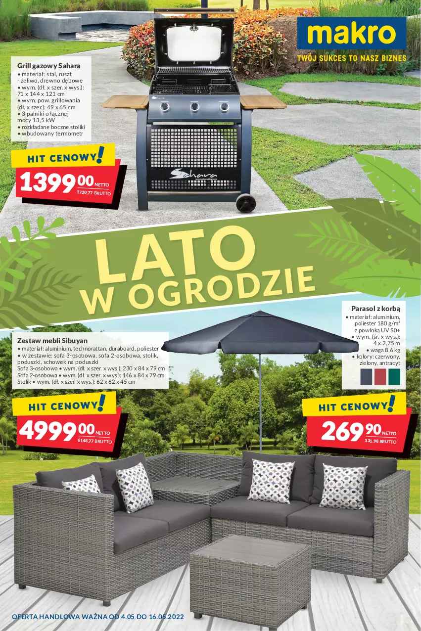 Gazetka promocyjna Makro - [Oferta specjalna] Lato w ogrodzie - ważna 04.05 do 16.05.2022 - strona 1 - produkty: Fa, Grill, Grill gazowy, Parasol, Sofa, Sofa 2-osobowa, Sofa 3-osobowa, Stolik, Termometr, Waga