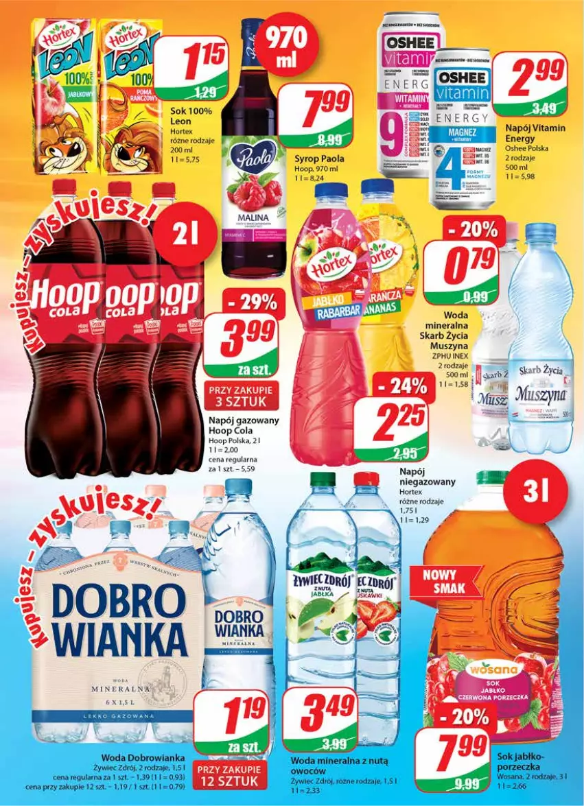 Gazetka promocyjna Dino - Gazetka - ważna 05.05 do 11.05.2021 - strona 2 - produkty: Fa, Hoop, Hortex, Leon, Mus, Napój, Napój gazowany, Oshee, Paola, Sok, Syrop, Szyna, Woda