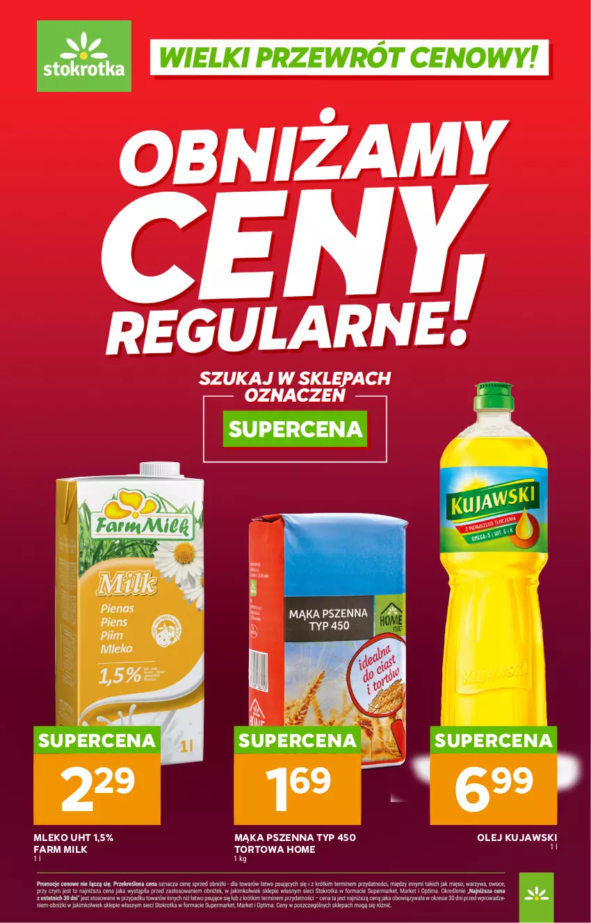Gazetka promocyjna Stokrotka - Wielki przewrót cenowy! - ważna 10.04 do 22.04.2026 - strona 1 - produkty: Fa, Farm Milk, Kujawski, Mąka, Mąka pszenna, Mleko, Olej