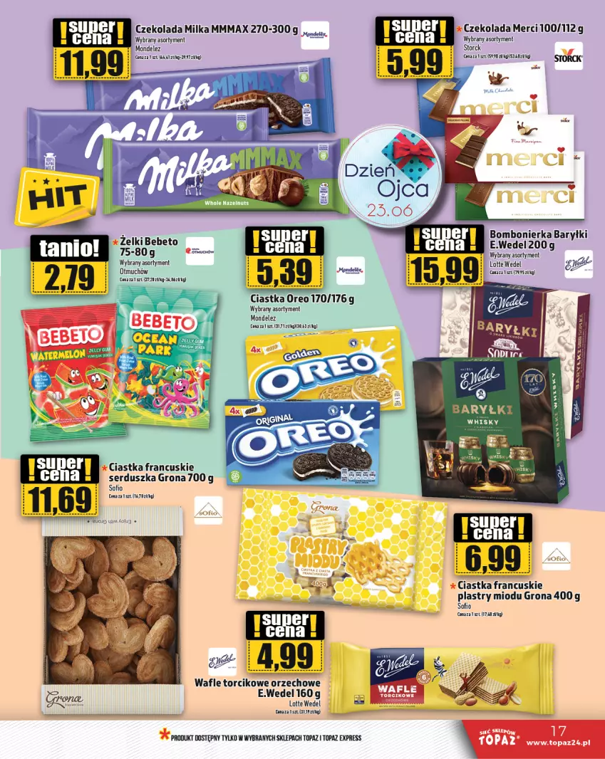 Gazetka promocyjna Topaz - Gazetka - ważna 20.06 do 26.06.2024 - strona 17 - produkty: Baryłki, Ciastka, Czekolada, Merci, Milka, Oreo, Ser, Top, Wafle, Whisky