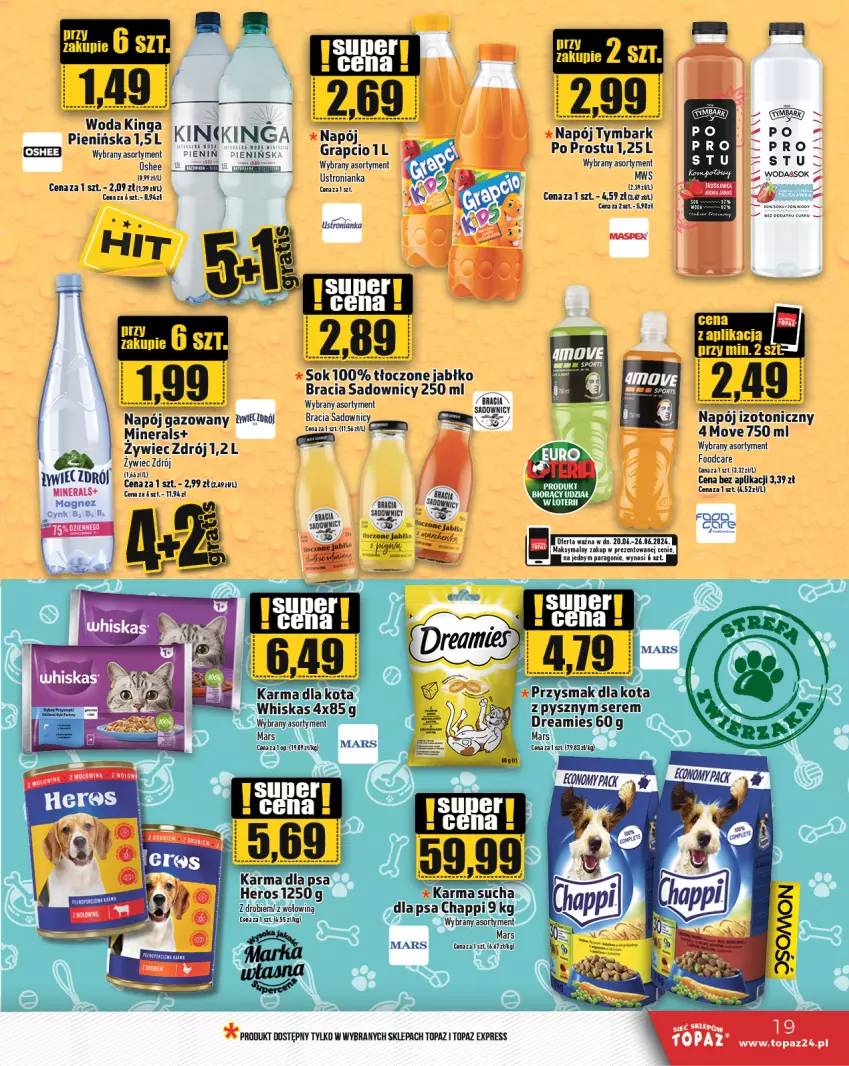 Gazetka promocyjna Topaz - Gazetka - ważna 20.06 do 26.06.2024 - strona 19 - produkty: Chappi, Fa, Gra, Magnez, Mars, Napój, Napój izotoniczny, Oshee, Przysmak dla kota, Ser, Sok, Top, Tymbark, Whiskas