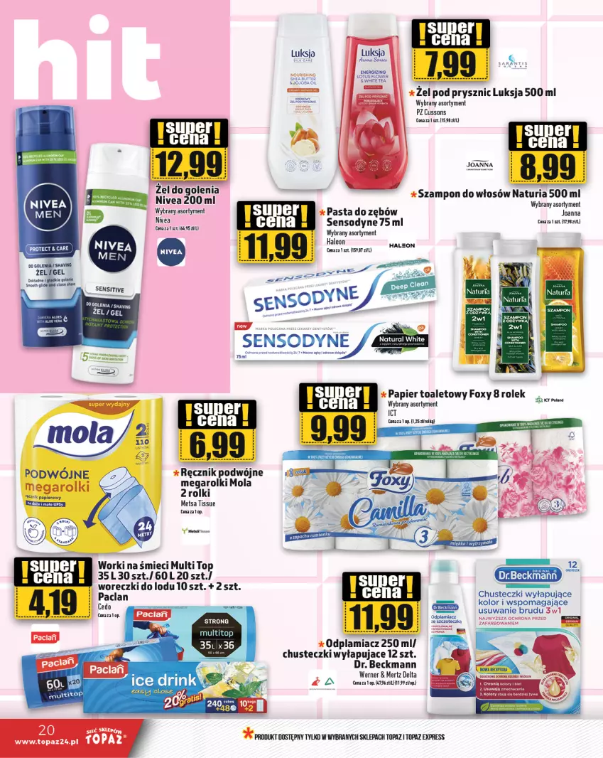 Gazetka promocyjna Topaz - Gazetka - ważna 20.06 do 26.06.2024 - strona 20 - produkty: Chusteczki, Fa, Foxy, Joanna, Leon, Luksja, Mola, Nivea, Odplamiacz, Papier, Papier toaletowy, Pasta do zębów, Ręcznik, Rolki, Sensodyne, Szampon, Top, Woreczki do lodu, Worki na śmiec, Worki na śmieci