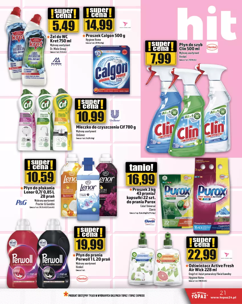 Gazetka promocyjna Topaz - Gazetka - ważna 20.06 do 26.06.2024 - strona 21 - produkty: Air Wick, Calgon, Cif, Clin, Grejpfrut, Kret, Lenor, LG, Mleczko, Płyn do płukania, Pur, Top