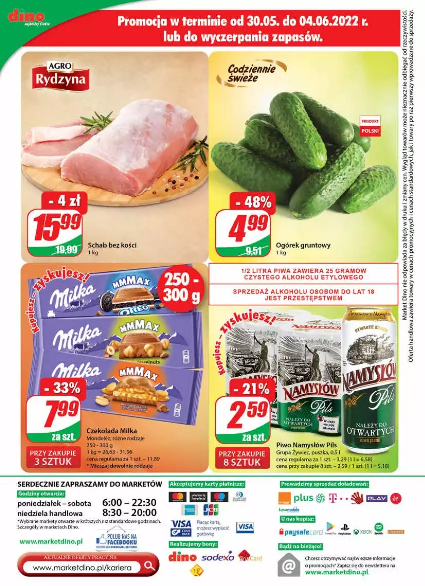 Gazetka promocyjna Dino - Gazetka - ważna 01.06 do 07.06.2022 - strona 24 - produkty: Czekolada, Fa, Milka, Namysłów, Piwo, Schab bez kości, Ser, Tera