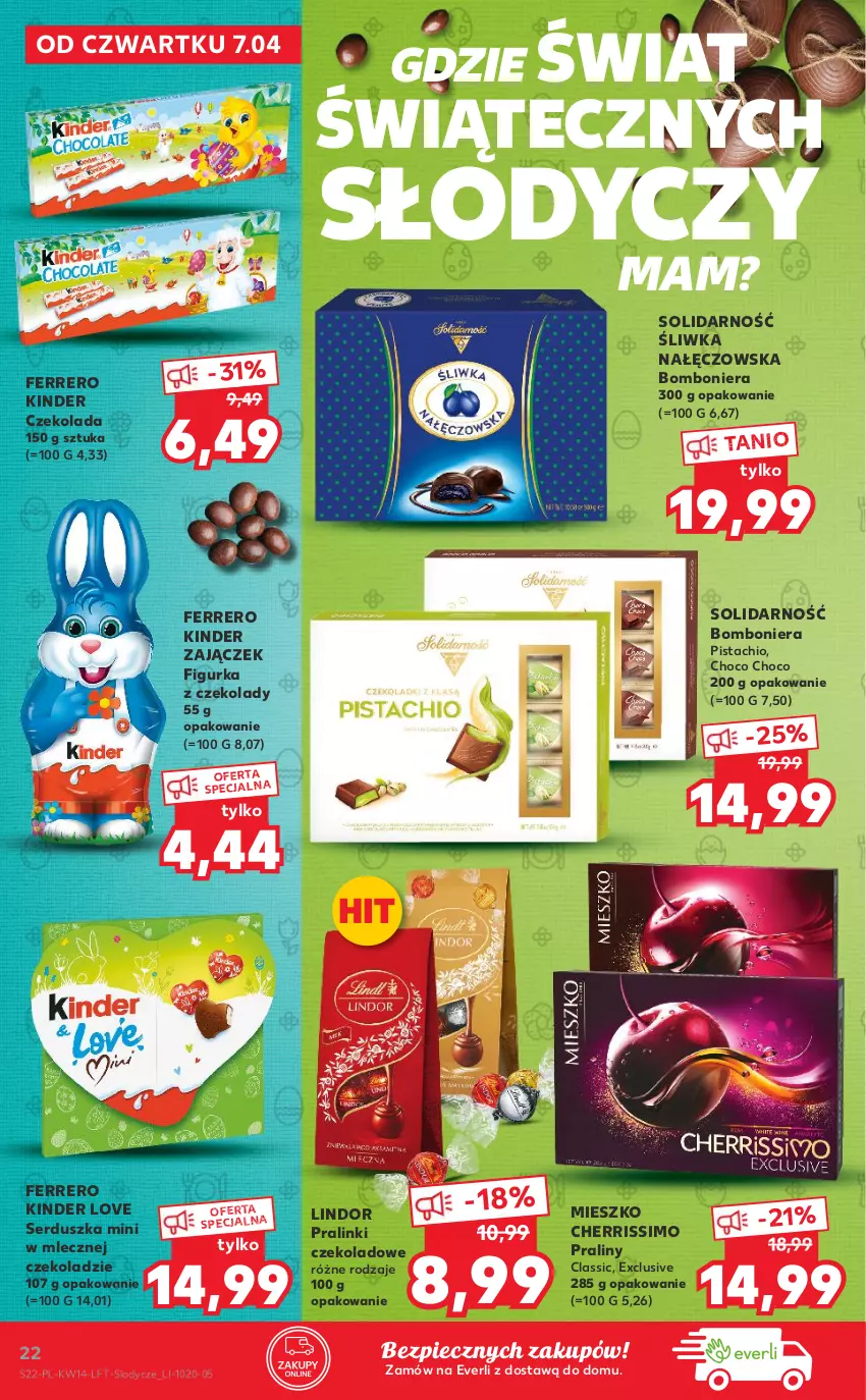 Gazetka promocyjna Kaufland - OFERTA TYGODNIA - ważna 07.04 do 12.04.2022 - strona 22 - produkty: Bomboniera, Czekolada, Ferrero, Figurka z czekolady, Kinder, Lindor, Lody, Piec, Praliny, Ser