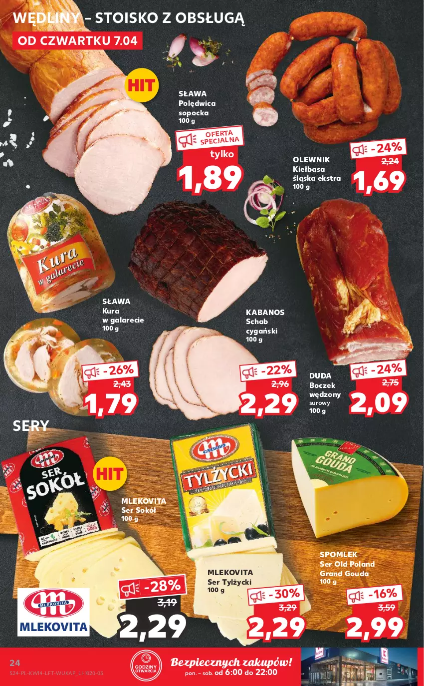 Gazetka promocyjna Kaufland - OFERTA TYGODNIA - ważna 07.04 do 12.04.2022 - strona 24 - produkty: Boczek, Duda, Gala, Gouda, Gra, Kabanos, Kiełbasa, Kiełbasa śląska, Mleko, Mlekovita, Olewnik, Piec, Polędwica, Ser, Ser tylżycki, Sok, Sokół