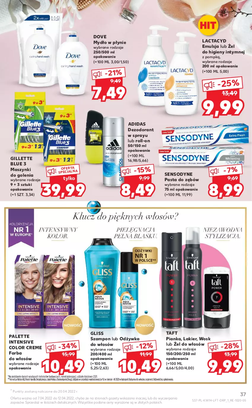 Gazetka promocyjna Kaufland - OFERTA TYGODNIA - ważna 07.04 do 12.04.2022 - strona 37 - produkty: Adidas, Color Creme, Dezodorant, Dove, Emulsja, Fa, Farba do włosów, Gillette, Lactacyd, Lakier, Mydło, Mydło w płynie, Odżywka, Palette, Pasta do zębów, Sensodyne, Szampon, Taft