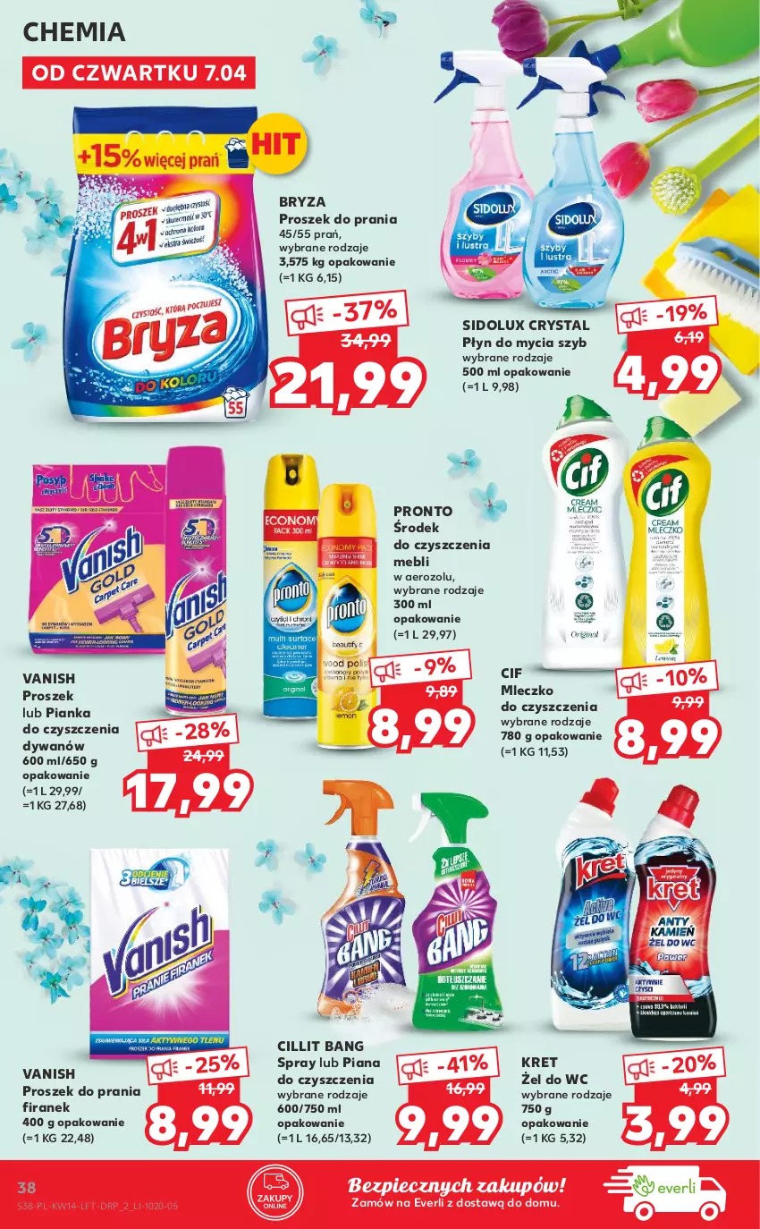 Gazetka promocyjna Kaufland - OFERTA TYGODNIA - ważna 07.04 do 12.04.2022 - strona 38 - produkty: Bryza, Cif, Cillit Bang, Dywan, Kret, Mleczko, Pianka do czyszczenia, Piec, Płyn do mycia, Pronto, Proszek do prania, Sidolux, Vanish