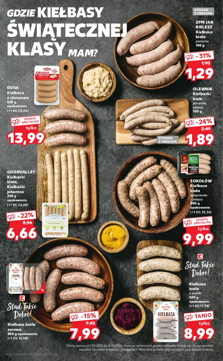 Gazetka promocyjna Kaufland - OFERTA TYGODNIA - ważna 07.04 do 12.04.2022 - strona 4 - produkty: Chrzan, Duda, Kiełbasa, Kiełbasa biała, Kiełbaski białe, Olewnik, Sok, Sokołów