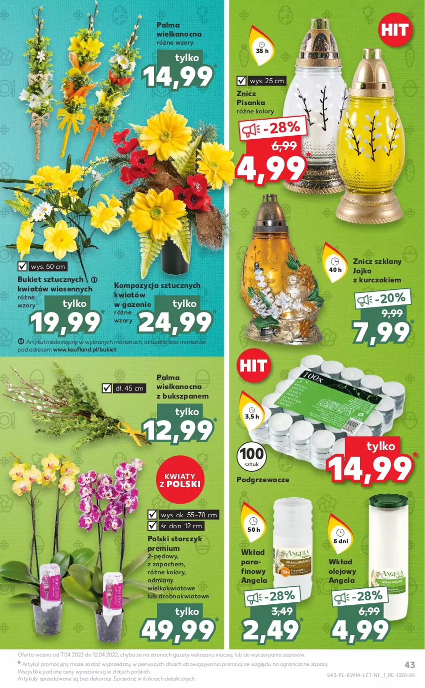 Gazetka promocyjna Kaufland - OFERTA TYGODNIA - ważna 07.04 do 12.04.2022 - strona 43 - produkty: Bukiet, Dres, Gra, Kurczak, Olej, Palma, Podgrzewacze, Storczyk, Wkład olejowy, Znicz