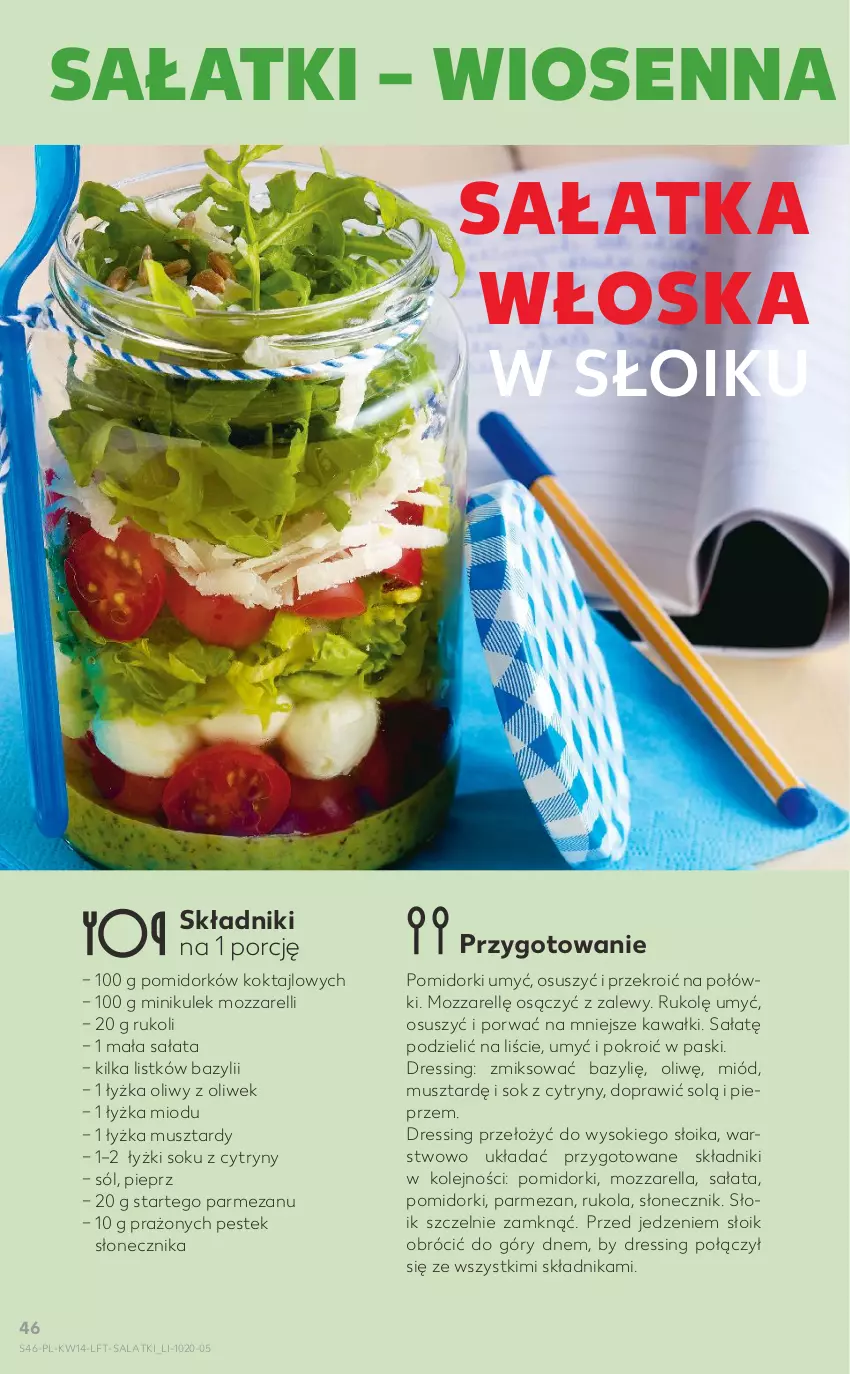 Gazetka promocyjna Kaufland - OFERTA TYGODNIA - ważna 07.04 do 12.04.2022 - strona 46 - produkty: Bazyl, Cytryny, Dres, Kawa, Miód, Mozzarella, Mus, Olej, Parmezan, Pieprz, Pomidorki, Por, Rukola, Sałat, Sałatka, Sok, Sól, Stek