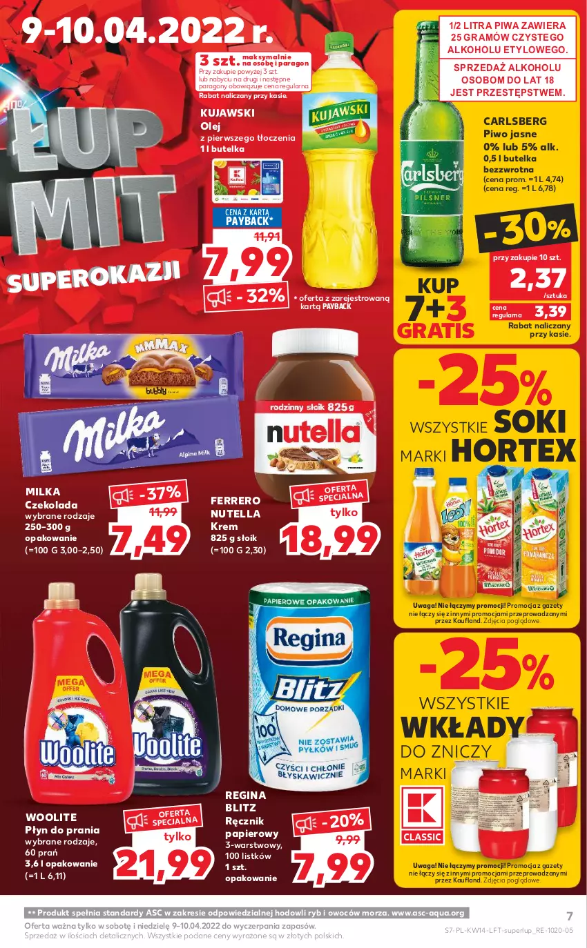 Gazetka promocyjna Kaufland - OFERTA TYGODNIA - ważna 07.04 do 12.04.2022 - strona 7 - produkty: Carlsberg, Czekolada, Ferrero, Gin, Gra, Hortex, Kujawski, Milka, Nutella, Olej, Papier, Piwa, Piwo, Piwo jasne, Płyn do prania, Ręcznik, Sok, Waga, Woolite, Znicz