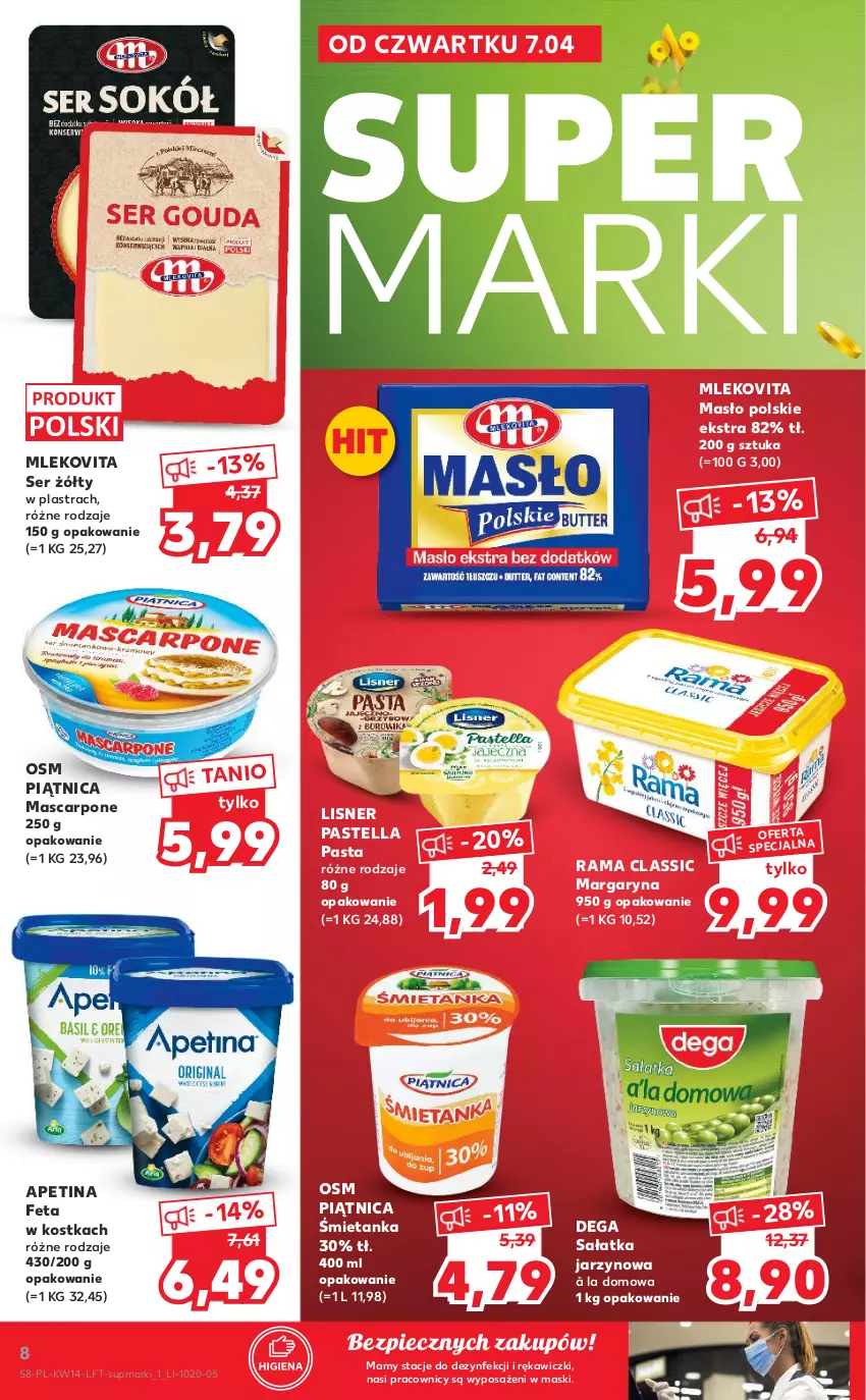 Gazetka promocyjna Kaufland - OFERTA TYGODNIA - ważna 07.04 do 12.04.2022 - strona 8 - produkty: Dega, Feta, Lisner, Margaryna, Mascarpone, Masło, Mleko, Mlekovita, Pastella, Piątnica, Piec, Rama, Sałat, Sałatka, Ser