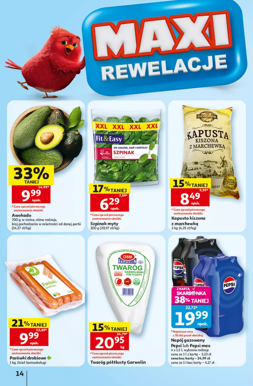 Gazetka promocyjna Auchan - Gazetka 30 Lat Hipermarket Auchan - ważna 10.09 do 16.09.2026 - strona 14 - produkty: Napój, Napój gazowany, Parówki, Pepsi, Pepsi max, Sałat, Szpinak, Twaróg, Twaróg półtłusty