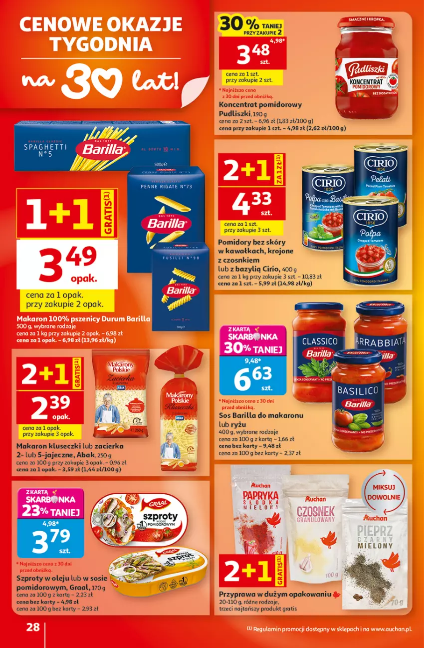 Gazetka promocyjna Auchan - Gazetka 30 Lat Hipermarket Auchan - ważna 10.09 do 16.09.2026 - strona 28 - produkty: Barilla, Bazyl, Gra, Graal, Kawa, Koncentrat pomidorowy, Makaron, Olej, Pomidory, Pudliszki, Ryż, Sos, Spaghetti, Szprot, Zacierka