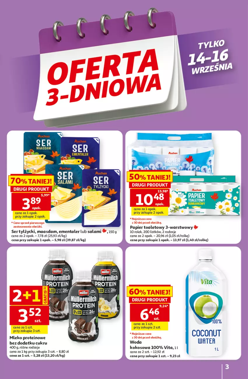 Gazetka promocyjna Auchan - Gazetka 30 Lat Hipermarket Auchan - ważna 10.09 do 16.09.2026 - strona 3 - produkty: Ementaler, Kokos, Maasdam, Mleko, Papier, Papier toaletowy, Ser, Ser tylżycki, Woda