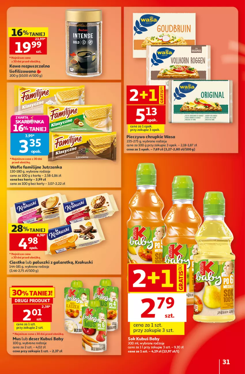 Gazetka promocyjna Auchan - Gazetka 30 Lat Hipermarket Auchan - ważna 10.09 do 16.09.2026 - strona 31 - produkty: Chrupki, Ciastka, Deser, Fa, Gala, Jutrzenka, Kawa, Kawa rozpuszczalna, Krakus, Krakuski, Kubuś, Mus, Piec, Pieczywo, Pieczywo chrupkie, Ser, Wafle, Wasa
