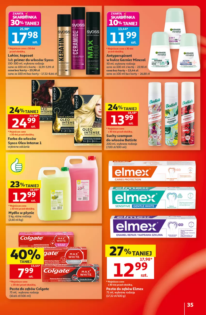 Gazetka promocyjna Auchan - Gazetka 30 Lat Hipermarket Auchan - ważna 10.09 do 16.09.2026 - strona 35 - produkty: Antyperspirant, Batiste, Colgate, Elmex, Fa, Farba do włosów, Garnier, Lakier, LG, Mydło, Mydło w płynie, Oleo, Pasta do zębów, Suchy szampon, Syoss, Szampon, Top